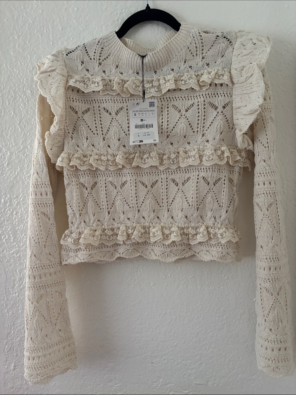 Zara Cream Lace Knit Ruffle Sweater